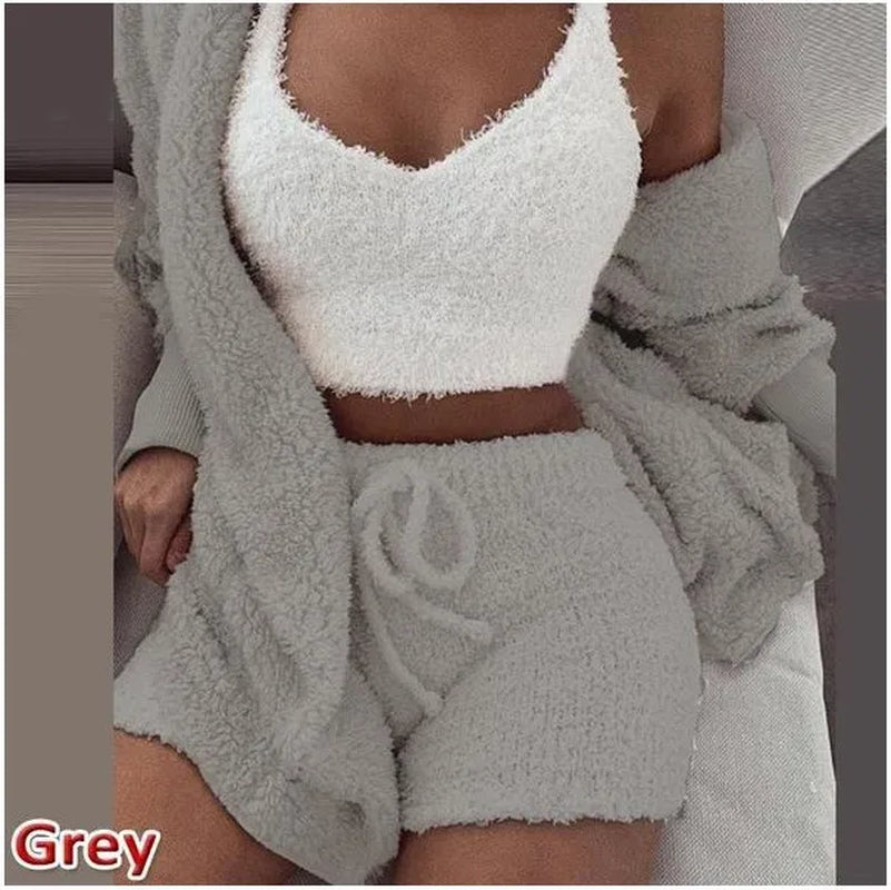 Casual 3Pieces Plush Shorts Sets Sporty Suits Women'S Streetwear Outfits Strap Tank Top+Tie-Up Shorts+Long Sleeve Long Cardigans