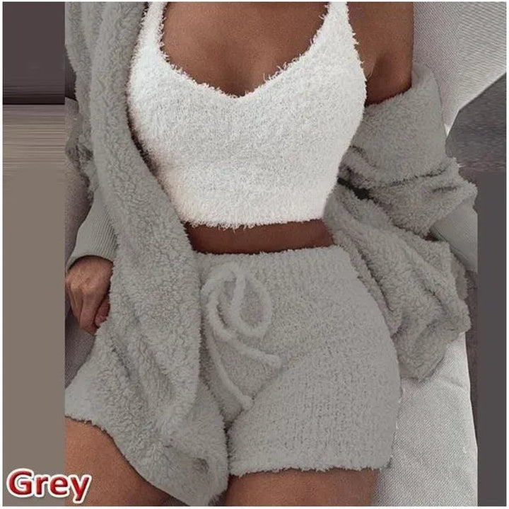 Casual 3Pieces Plush Shorts Sets Sporty Suits Women'S Streetwear Outfits Strap Tank Top+Tie-Up Shorts+Long Sleeve Long Cardigans