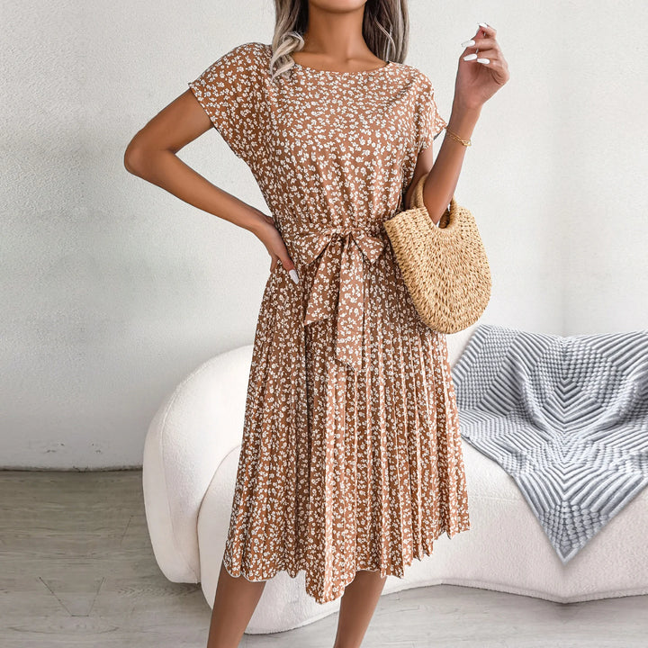 Women Spring Summer Short Sleeve High Waist Chic Dress Fashion Floral Pleated a Line Long Dress