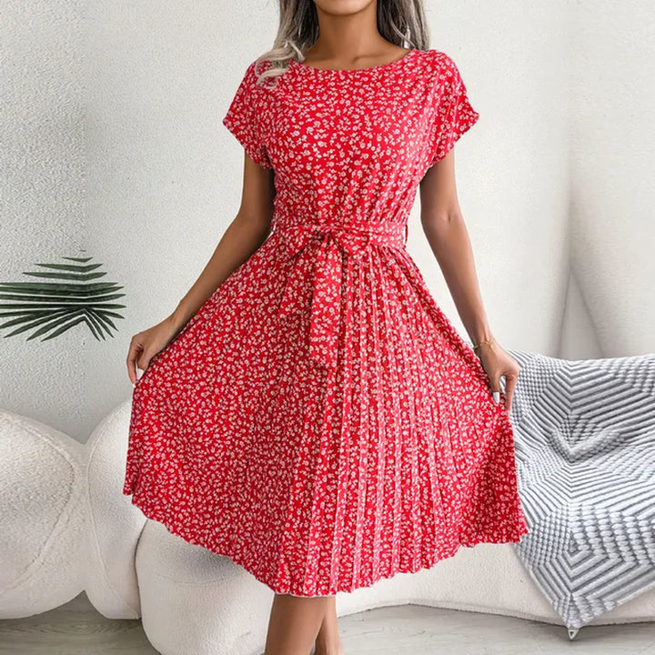 Women Spring Summer Short Sleeve High Waist Chic Dress Fashion Floral Pleated a Line Long Dress