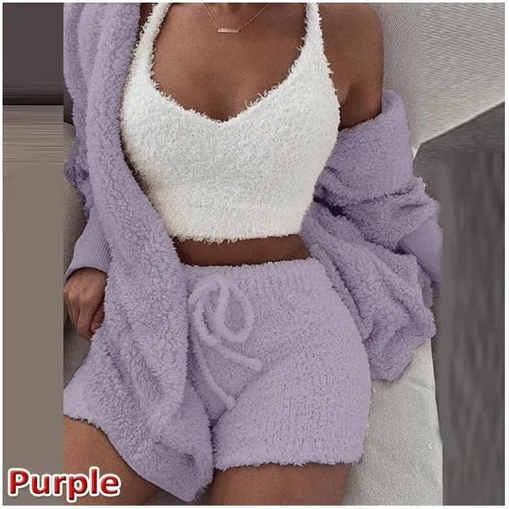 Casual 3Pieces Plush Shorts Sets Sporty Suits Women'S Streetwear Outfits Strap Tank Top+Tie-Up Shorts+Long Sleeve Long Cardigans