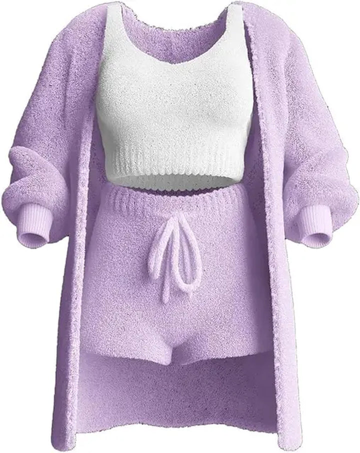Casual 3Pieces Plush Shorts Sets Sporty Suits Women'S Streetwear Outfits Strap Tank Top+Tie-Up Shorts+Long Sleeve Long Cardigans