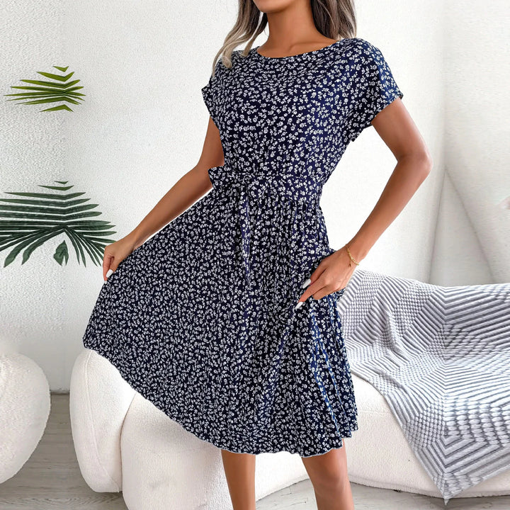 Women Spring Summer Short Sleeve High Waist Chic Dress Fashion Floral Pleated a Line Long Dress