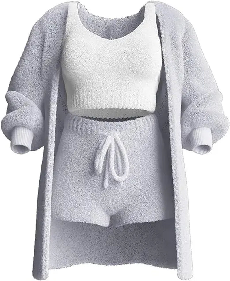 Casual 3Pieces Plush Shorts Sets Sporty Suits Women'S Streetwear Outfits Strap Tank Top+Tie-Up Shorts+Long Sleeve Long Cardigans