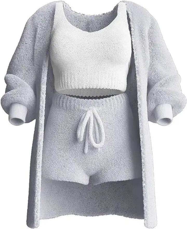 Casual 3Pieces Plush Shorts Sets Sporty Suits Women'S Streetwear Outfits Strap Tank Top+Tie-Up Shorts+Long Sleeve Long Cardigans