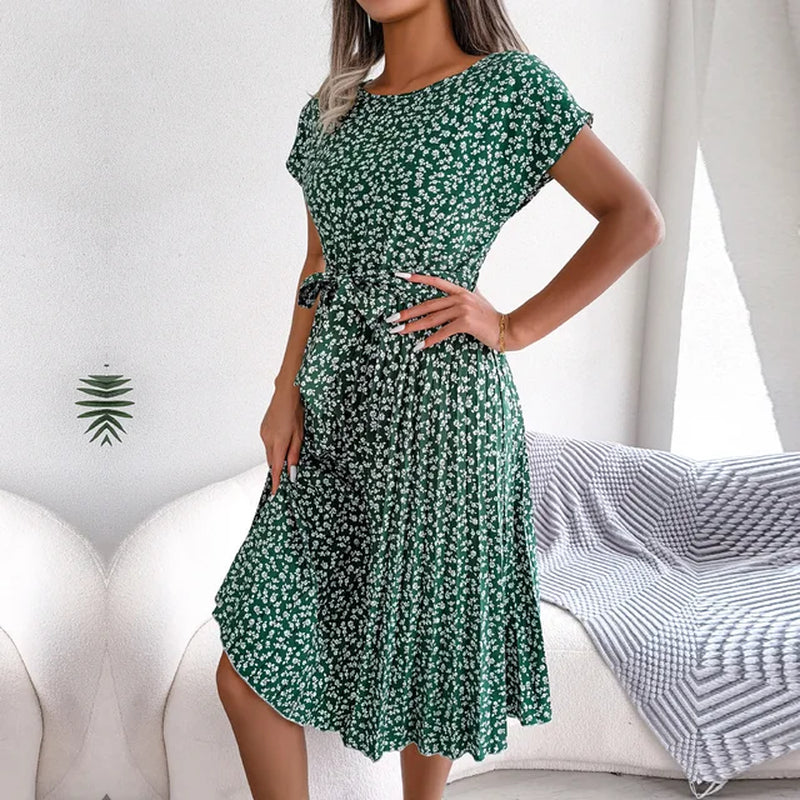 Women Spring Summer Short Sleeve High Waist Chic Dress Fashion Floral Pleated a Line Long Dress