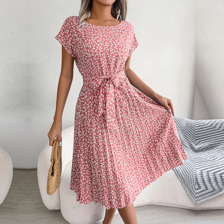 Women Spring Summer Short Sleeve High Waist Chic Dress Fashion Floral Pleated a Line Long Dress