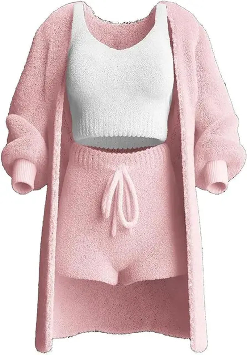 Casual 3Pieces Plush Shorts Sets Sporty Suits Women'S Streetwear Outfits Strap Tank Top+Tie-Up Shorts+Long Sleeve Long Cardigans