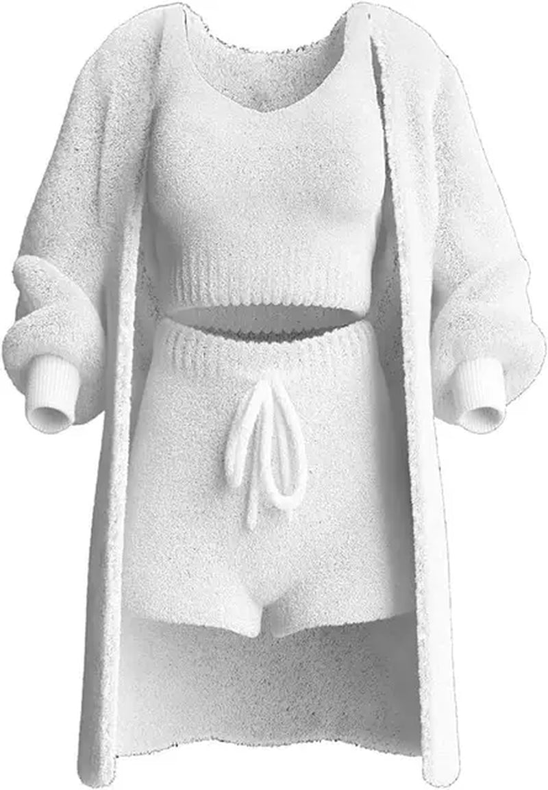 Casual 3Pieces Plush Shorts Sets Sporty Suits Women'S Streetwear Outfits Strap Tank Top+Tie-Up Shorts+Long Sleeve Long Cardigans
