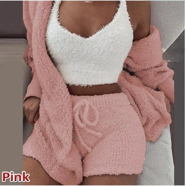 Casual 3Pieces Plush Shorts Sets Sporty Suits Women'S Streetwear Outfits Strap Tank Top+Tie-Up Shorts+Long Sleeve Long Cardigans