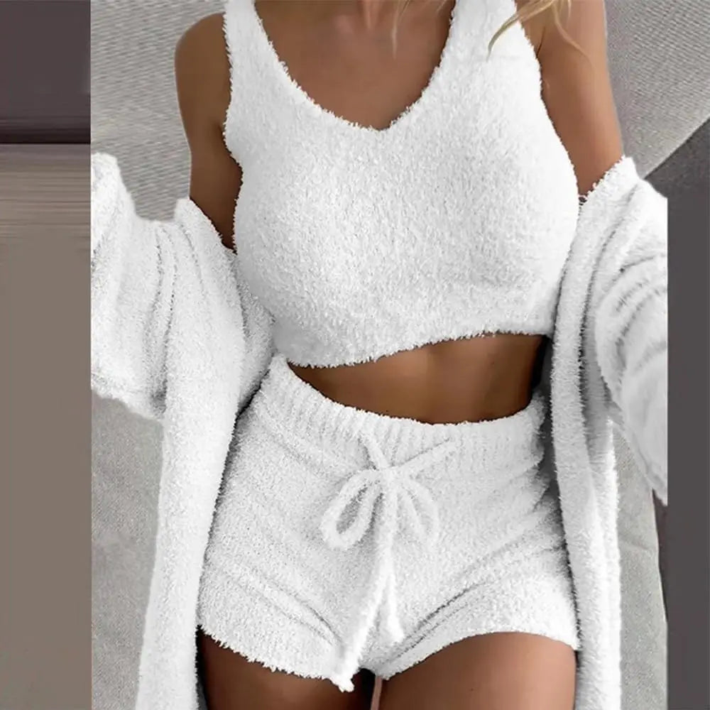 Casual 3Pieces Plush Shorts Sets Sporty Suits Women'S Streetwear Outfits Strap Tank Top+Tie-Up Shorts+Long Sleeve Long Cardigans