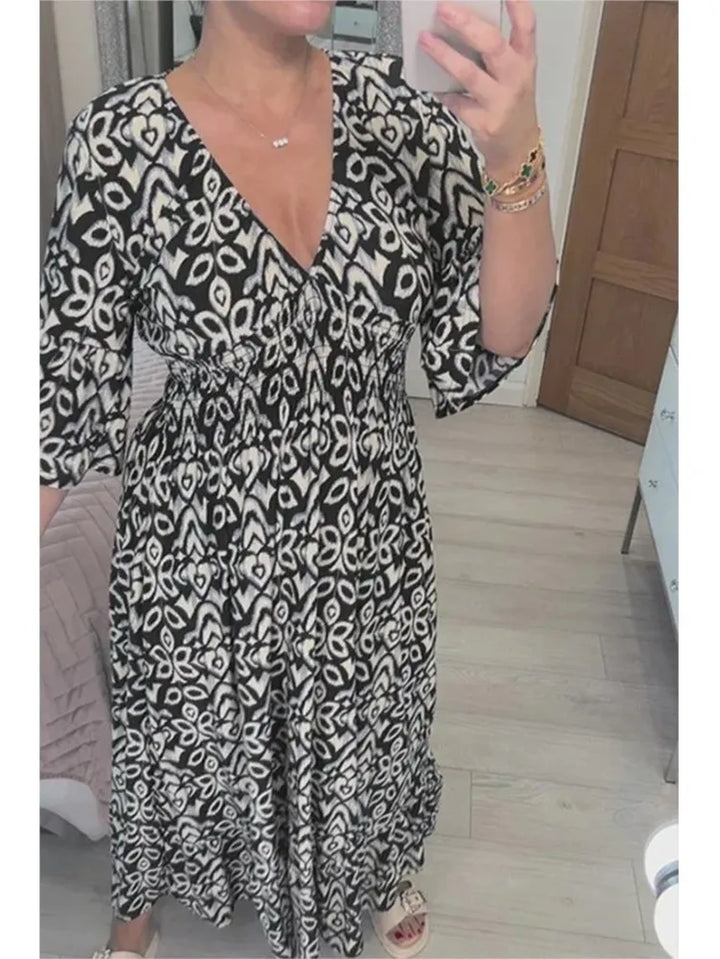 Bohemian Casual V-Neck Floral Dress Women High Waist Wrap Summer Vintage Midi Dress Loose Frill Sleeve Beach Dresses Vestidos