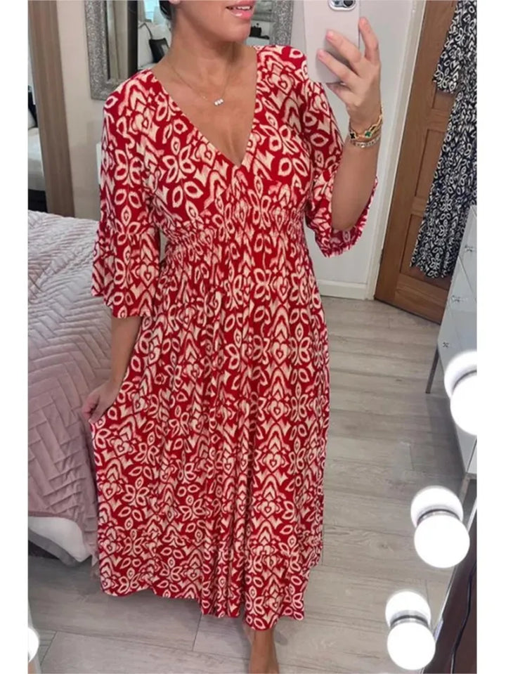Bohemian Casual V-Neck Floral Dress Women High Waist Wrap Summer Vintage Midi Dress Loose Frill Sleeve Beach Dresses Vestidos