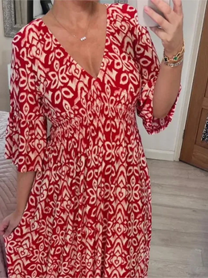 Bohemian Casual V-Neck Floral Dress Women High Waist Wrap Summer Vintage Midi Dress Loose Frill Sleeve Beach Dresses Vestidos