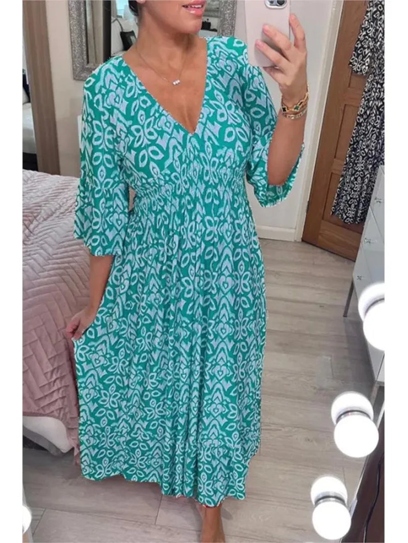 Bohemian Casual V-Neck Floral Dress Women High Waist Wrap Summer Vintage Midi Dress Loose Frill Sleeve Beach Dresses Vestidos