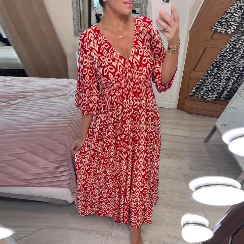 Bohemian Casual V-Neck Floral Dress Women High Waist Wrap Summer Vintage Midi Dress Loose Frill Sleeve Beach Dresses Vestidos