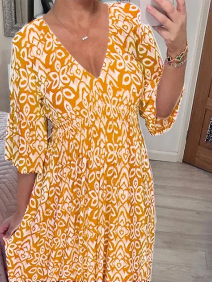 Bohemian Casual V-Neck Floral Dress Women High Waist Wrap Summer Vintage Midi Dress Loose Frill Sleeve Beach Dresses Vestidos