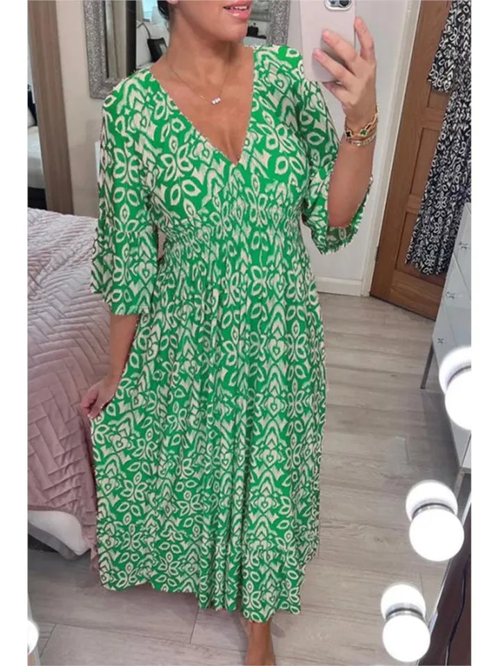 Bohemian Casual V-Neck Floral Dress Women High Waist Wrap Summer Vintage Midi Dress Loose Frill Sleeve Beach Dresses Vestidos