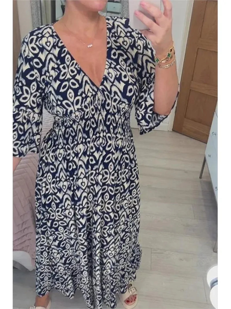 Bohemian Casual V-Neck Floral Dress Women High Waist Wrap Summer Vintage Midi Dress Loose Frill Sleeve Beach Dresses Vestidos