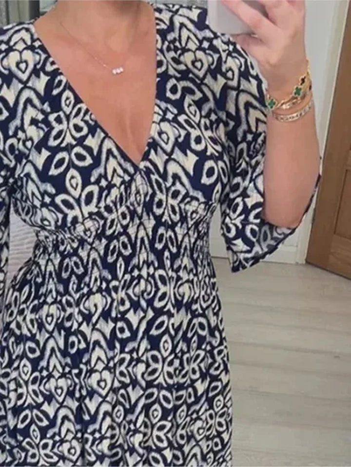 Bohemian Casual V-Neck Floral Dress Women High Waist Wrap Summer Vintage Midi Dress Loose Frill Sleeve Beach Dresses Vestidos