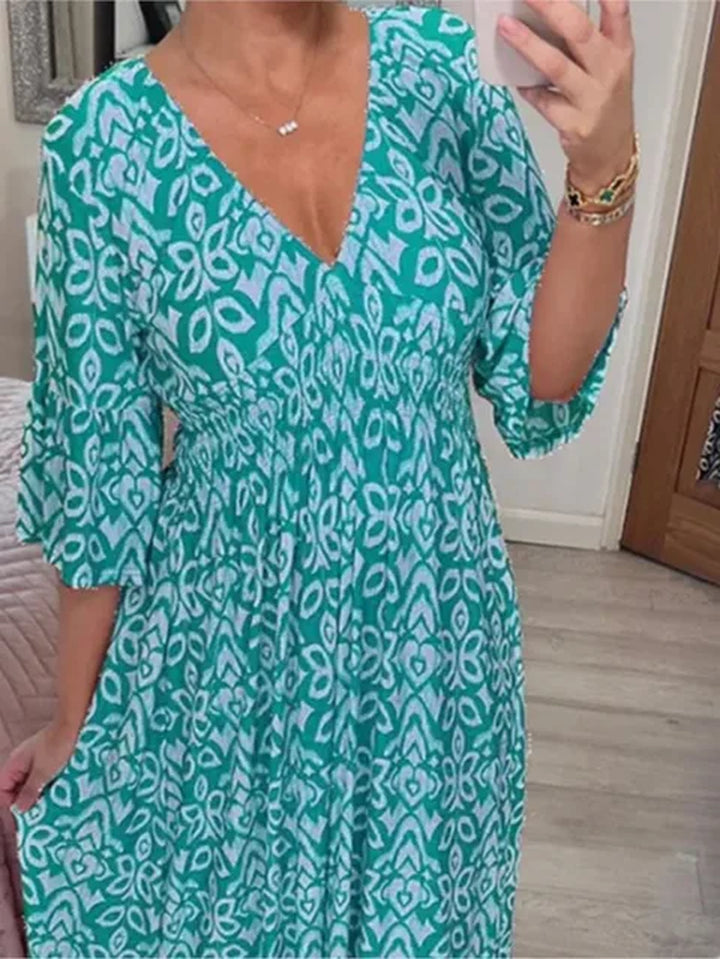 Bohemian Casual V-Neck Floral Dress Women High Waist Wrap Summer Vintage Midi Dress Loose Frill Sleeve Beach Dresses Vestidos
