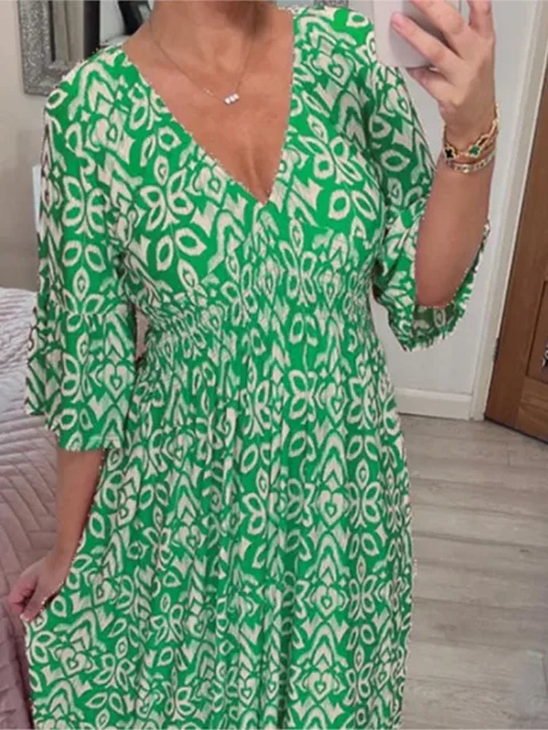 Bohemian Casual V-Neck Floral Dress Women High Waist Wrap Summer Vintage Midi Dress Loose Frill Sleeve Beach Dresses Vestidos